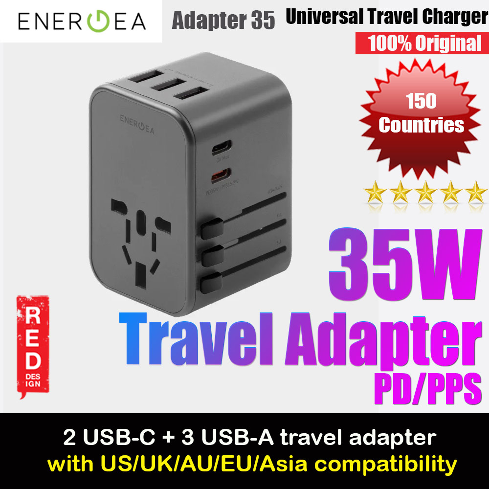 Picture of Energea TravelWorld Adapter 35 35W PD PPS 2 USB-C 3 USB-A Travel Adapter Fast Charge Charger (Gunmetal) iPhone Cases - iPhone 14 Pro Max , iPhone 13 Pro Max, Galaxy S23 Ultra, Google Pixel 7 Pro, Galaxy Z Fold 4, Galaxy Z Flip 4 Cases Malaysia,iPhone 12 Pro Max Cases Malaysia, iPad Air ,iPad Pro Cases and a wide selection of Accessories in Malaysia, Sabah, Sarawak and Singapore. 