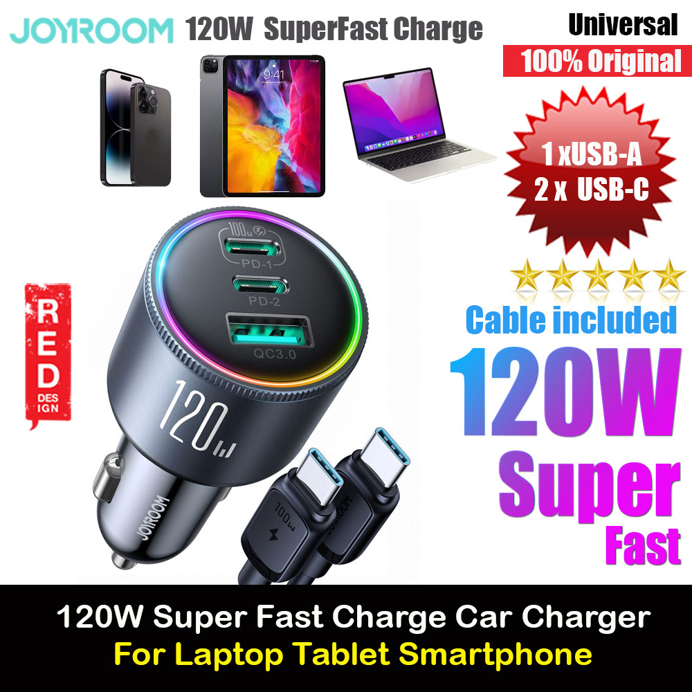 Picture of Joyroom 120W Super Fast High Speed 3 Port Car Charger PD PPS QC3.0 QC4.0 for iPhone 14 Pro Max S23 Ultra Z Fold 5 Flip 5 iPad Pro Macbook Air Pro Laptop with 100W USB-C Cable (Black) Red Design- Red Design Cases, Red Design Covers, iPad Cases and a wide selection of Red Design Accessories in Malaysia, Sabah, Sarawak and Singapore 
