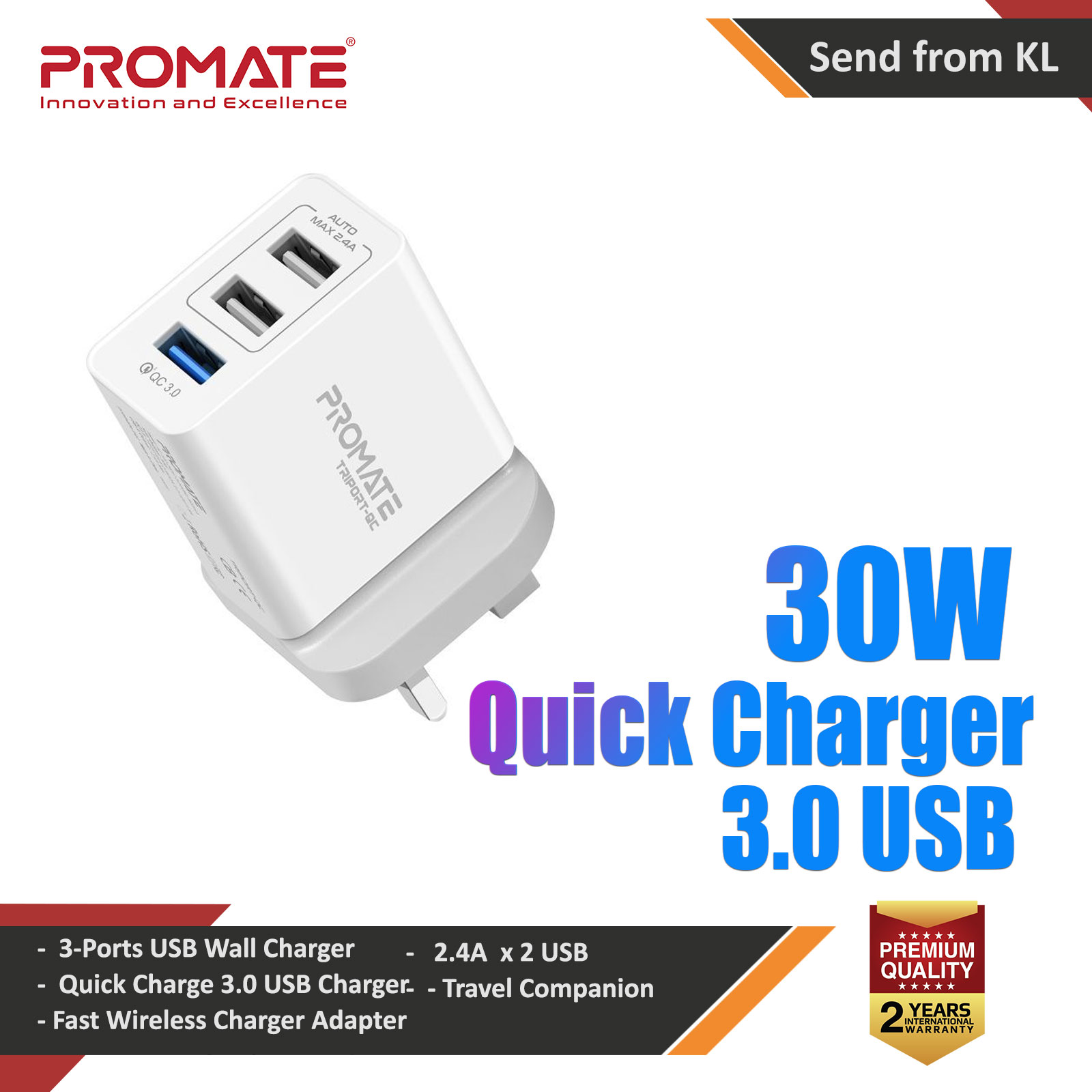 Picture of Promate Quick Charger 3.0 USB Wall Charger Heavy Duty 3 Port 30W Wall Adapter with Fast Charge Qualcomm QC 3.0 Port 2.4A Dual USB Port and Automatic Voltage Regulation for Smartphones Tablets TriPort-QC (White) iPhone Cases - iPhone 14 Pro Max , iPhone 13 Pro Max, Galaxy S23 Ultra, Google Pixel 7 Pro, Galaxy Z Fold 4, Galaxy Z Flip 4 Cases Malaysia,iPhone 12 Pro Max Cases Malaysia, iPad Air ,iPad Pro Cases and a wide selection of Accessories in Malaysia, Sabah, Sarawak and Singapore. 