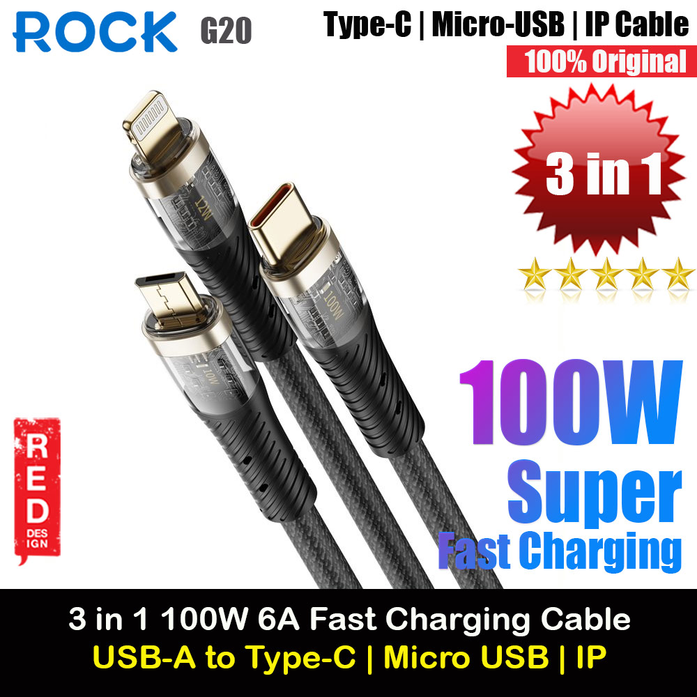 Picture of ROCK G20 3 in 1 USB Cable 100W Fast Charging Type C Micro PD Lightning Cable For iPhone  Xiaomi Samsung VOOC OPPO OnePlus Realme Fast Charge (Black) Red Design- Red Design Cases, Red Design Covers, iPad Cases and a wide selection of Red Design Accessories in Malaysia, Sabah, Sarawak and Singapore 