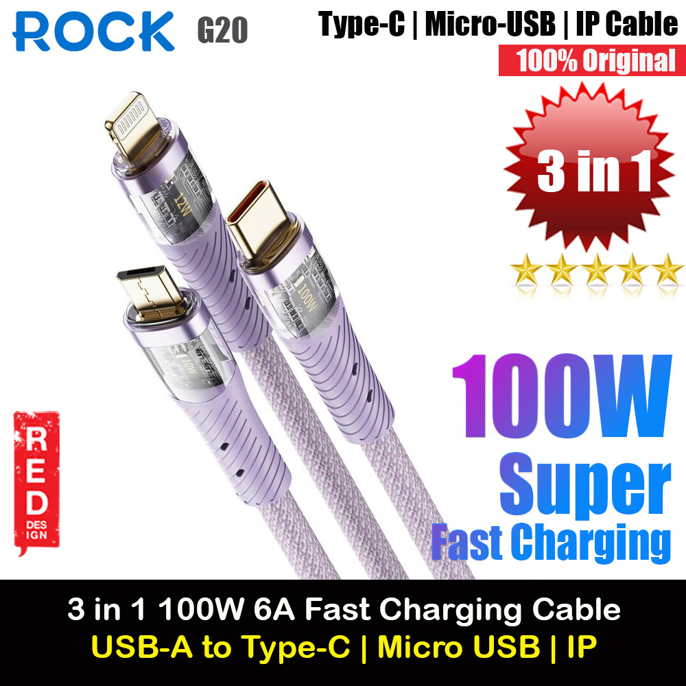Picture of ROCK G20 3 in 1 USB Cable 100W Fast Charging Type C Micro PD Lightning Cable For iPhone  Xiaomi Samsung VOOC OPPO OnePlus Realme Fast Charge (Purple) Red Design- Red Design Cases, Red Design Covers, iPad Cases and a wide selection of Red Design Accessories in Malaysia, Sabah, Sarawak and Singapore 