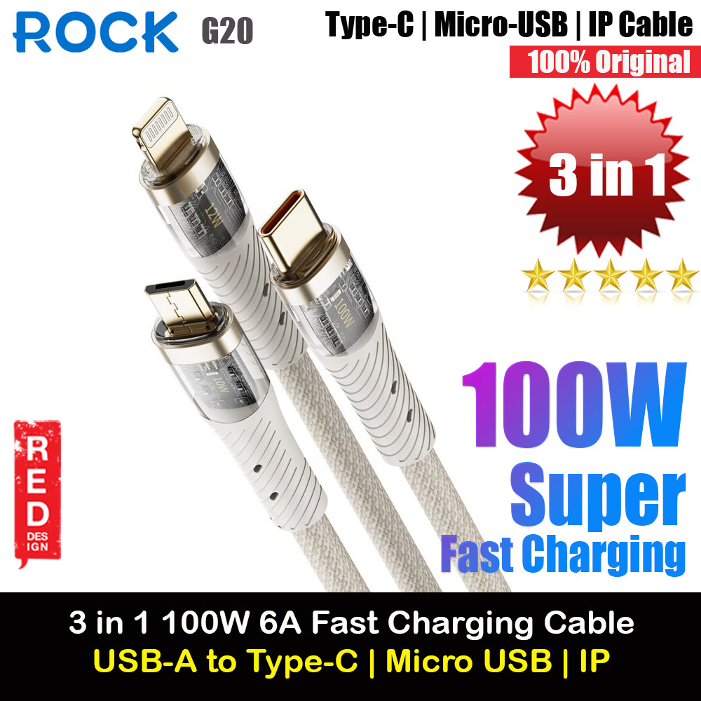 Picture of ROCK 3 in 1 USB Cable 100W Fast Charging Type C Micro PD Lightning Cable For iPhone  Xiaomi Samsung VOOC OPPO OnePlus Realme Fast Charge (Khakis White) Red Design- Red Design Cases, Red Design Covers, iPad Cases and a wide selection of Red Design Accessories in Malaysia, Sabah, Sarawak and Singapore 