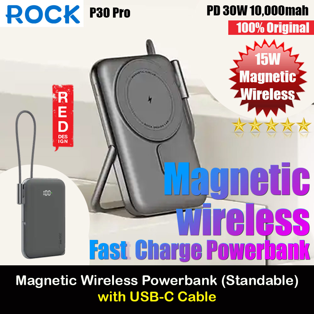 Picture of Rock P30 Pro  PD30W 15W Magnetic Wireless Charging Fast Charge 10000mAh Travel Portable Small Palm Size Compact Mini Power Bank powerbank Stand Holder with Type C Cable (Black) Red Design- Red Design Cases, Red Design Covers, iPad Cases and a wide selection of Red Design Accessories in Malaysia, Sabah, Sarawak and Singapore 
