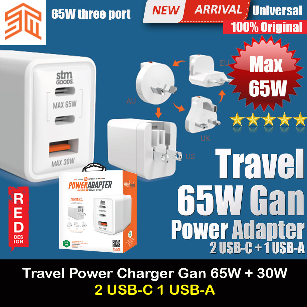 Picture of STM Goods Gan 65W PD 3 Port Power Charge 2 USB C 1 USB A with Universal Travel Plug Adapter for Phone Tablet Laptop (White) iPhone Cases - iPhone 14 Pro Max , iPhone 13 Pro Max, Galaxy S23 Ultra, Google Pixel 7 Pro, Galaxy Z Fold 4, Galaxy Z Flip 4 Cases Malaysia,iPhone 12 Pro Max Cases Malaysia, iPad Air ,iPad Pro Cases and a wide selection of Accessories in Malaysia, Sabah, Sarawak and Singapore. 