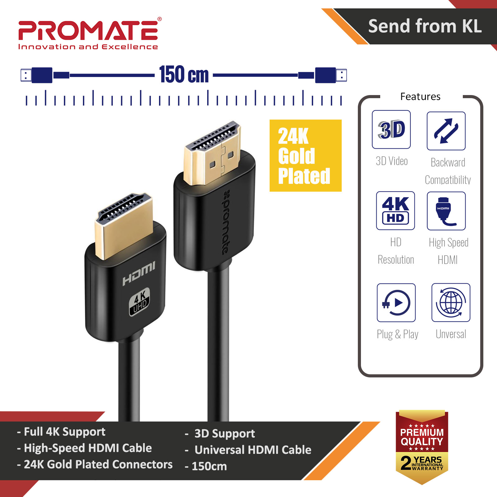 Picture of Promate 4K HDMI Cable High-Speed 1.5 Meter HDMI Cable with 24K Gold Plated Connector and Ethernet 3D Video Support for HDTV Projectors Computers LED TV and Game consoles 150cm ProLink4K2-150