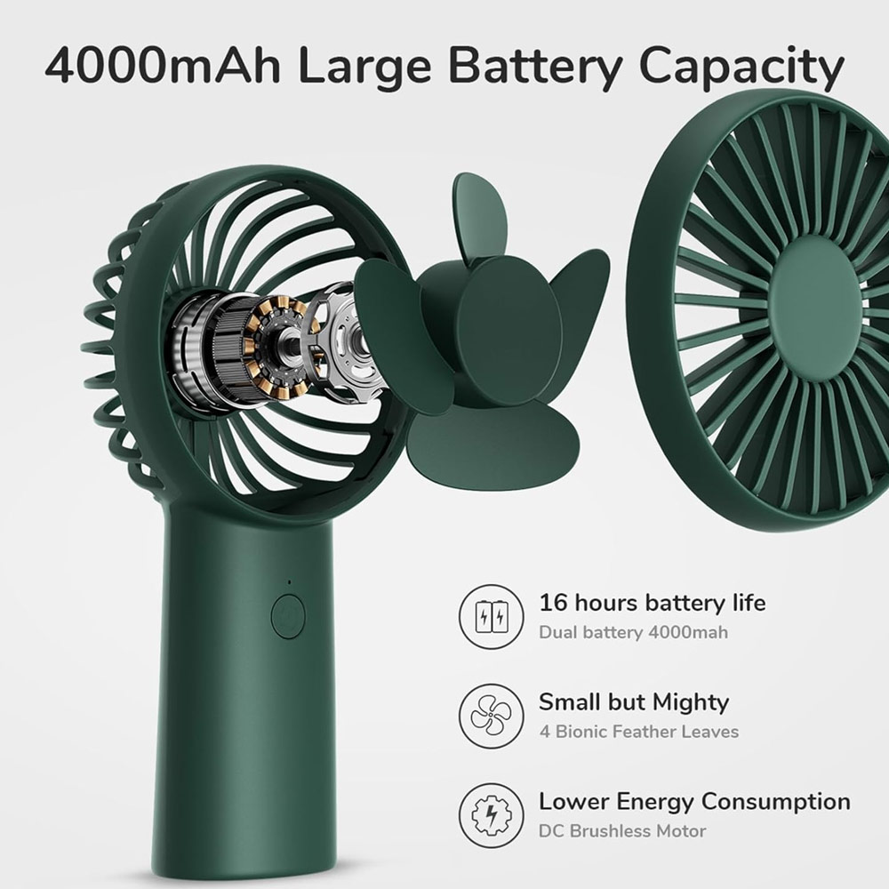 Picture of Jisulife 3 Speed Wind Handheld Fan Portable Rechargeble 4000mAh Fan Kipas for Home Office Travel Outdoor Indoor Activity (Green)