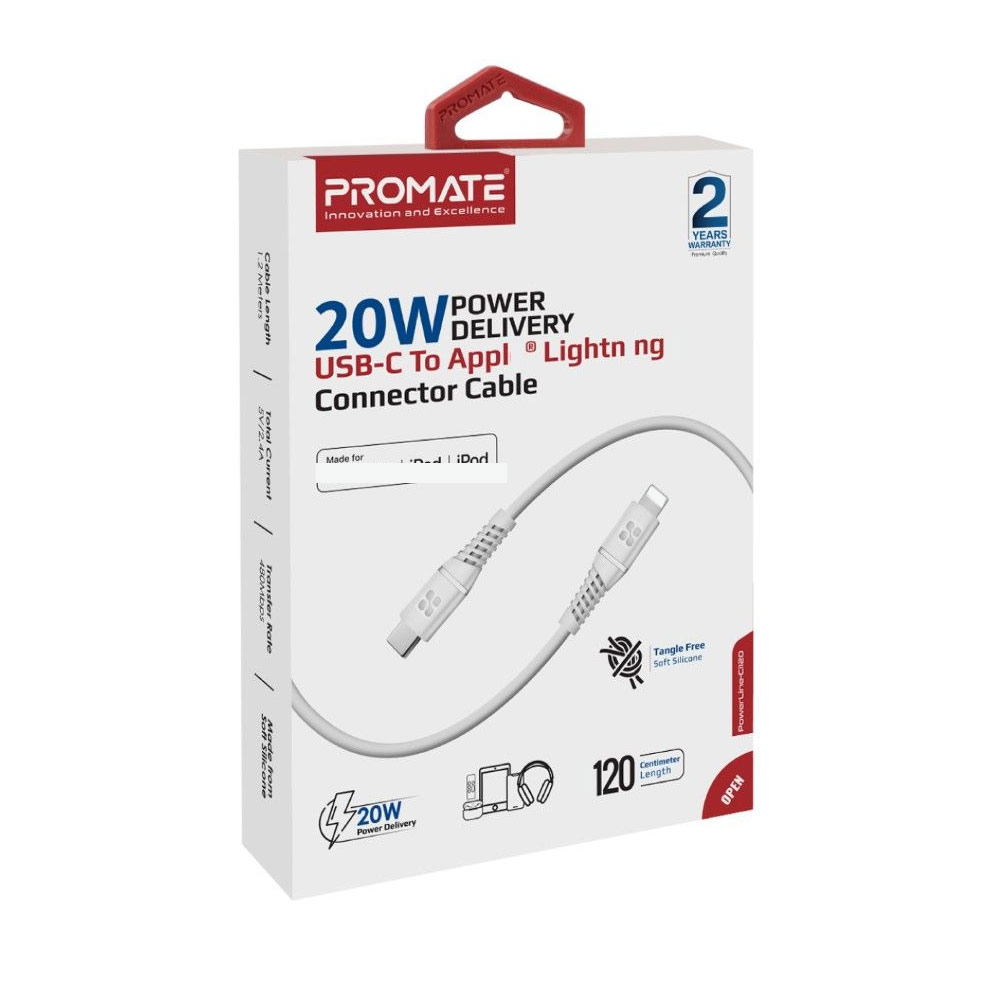 Picture of Promate Ultra Fast USB C to Lightning 20W Fast Charging Soft Silicone cable for iPhone 13 Pro Max IPad Airpods Pro PowerLine-Ci120 (White)
