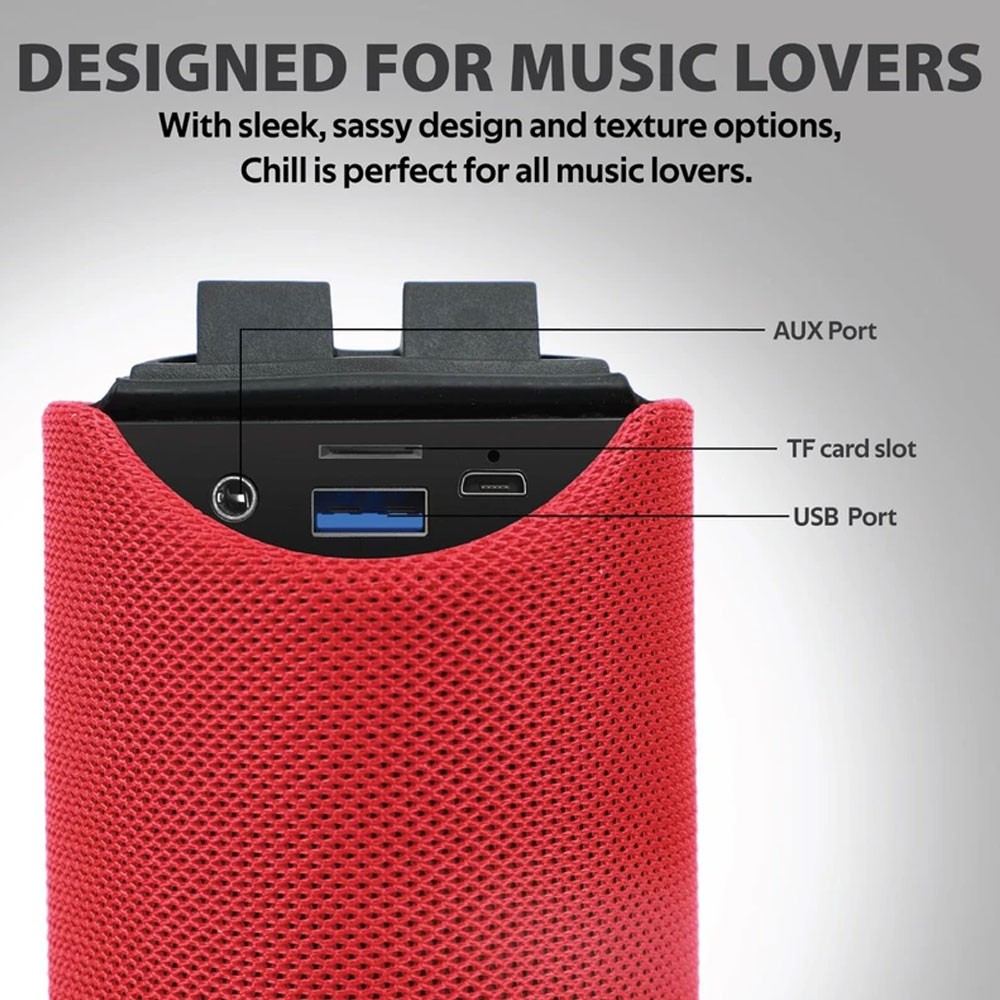 Picture of Promate Chill Wireless Portable Bluetooth v5.0 Stereo Speaker with Bass Sound Built-In Mic Micro SD Card Slot (Red)