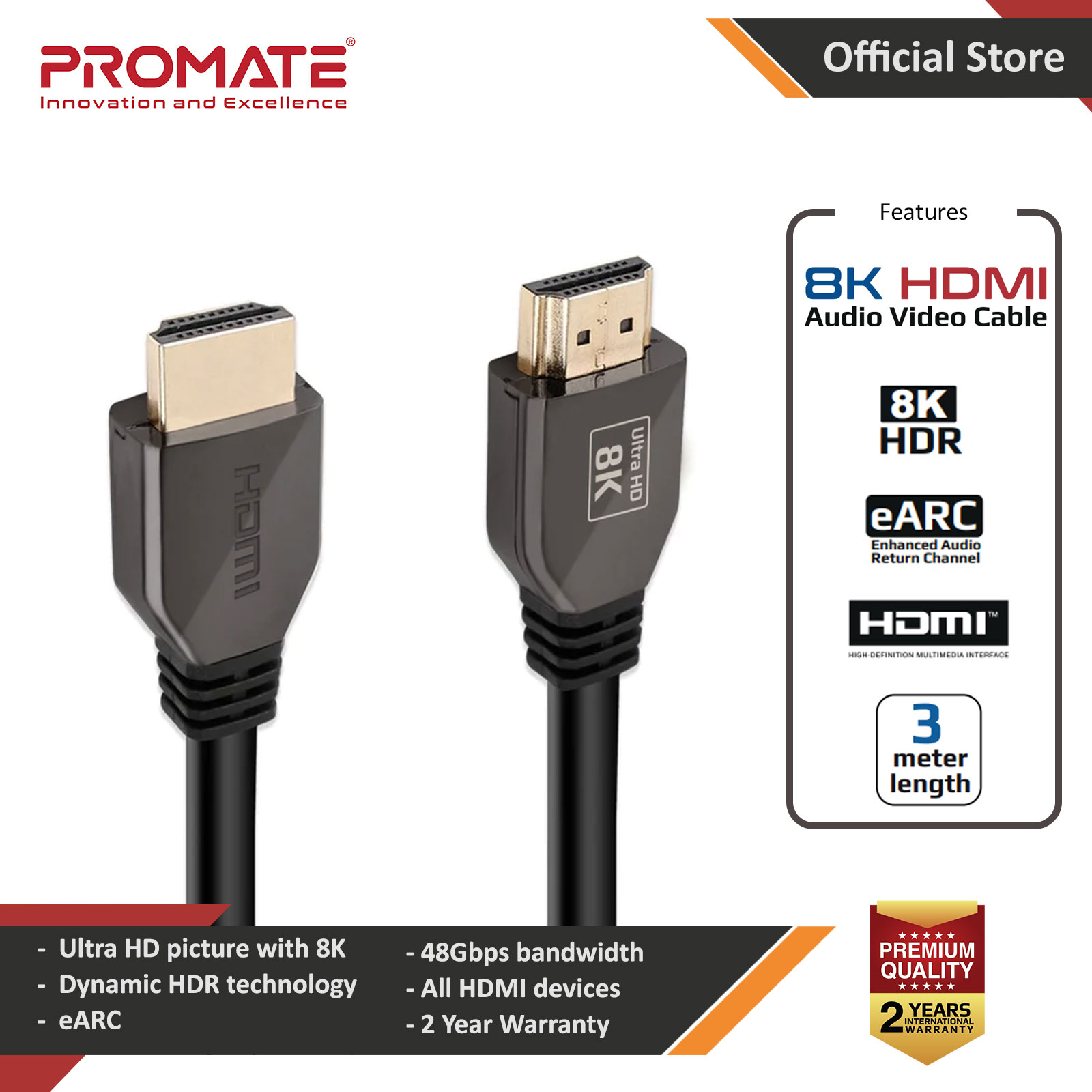 Picture of PROMATE ProLink8K-300 Ultra HD High Speed 8K HDMI 2.1 Audio Video Cable HDR Colour Support eARC Connectivity Dolby Vision 3 meter 300cm Cable Length