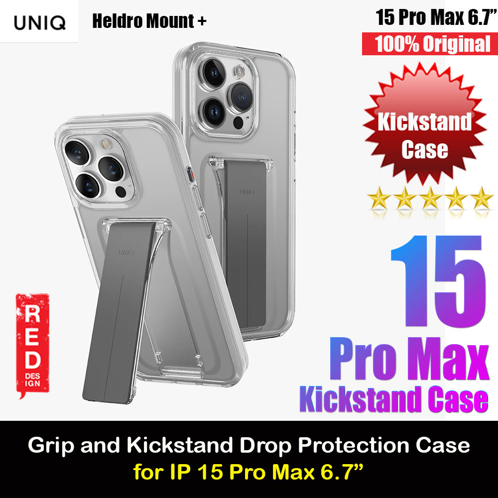 Picture of Apple iPhone 15 Pro Max 6.7 Case | Uniq Heldro Mount Plus Free Grip Flex Grip Kickstand Drop Protection Case with Wrist Strap for iPhone 15 Pro Max 6.7 (Clear)
