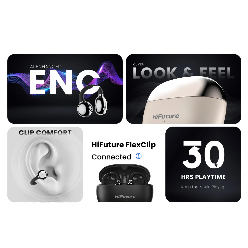 Picture of HiFuture Flexclip Bluetooth 5.4 Comfort Open Ear Headphones Waterproof with ENC Noise Cancellation (Black)