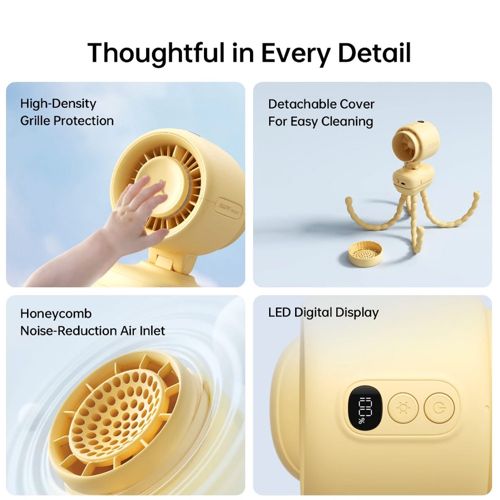 Picture of JisuLife Stroller Fan 4 Portable Baby Stroller Fan 5000mAh 38H Long Battery Ultra Quiet Natural Wind Octopus Stand Fan (Yellow)