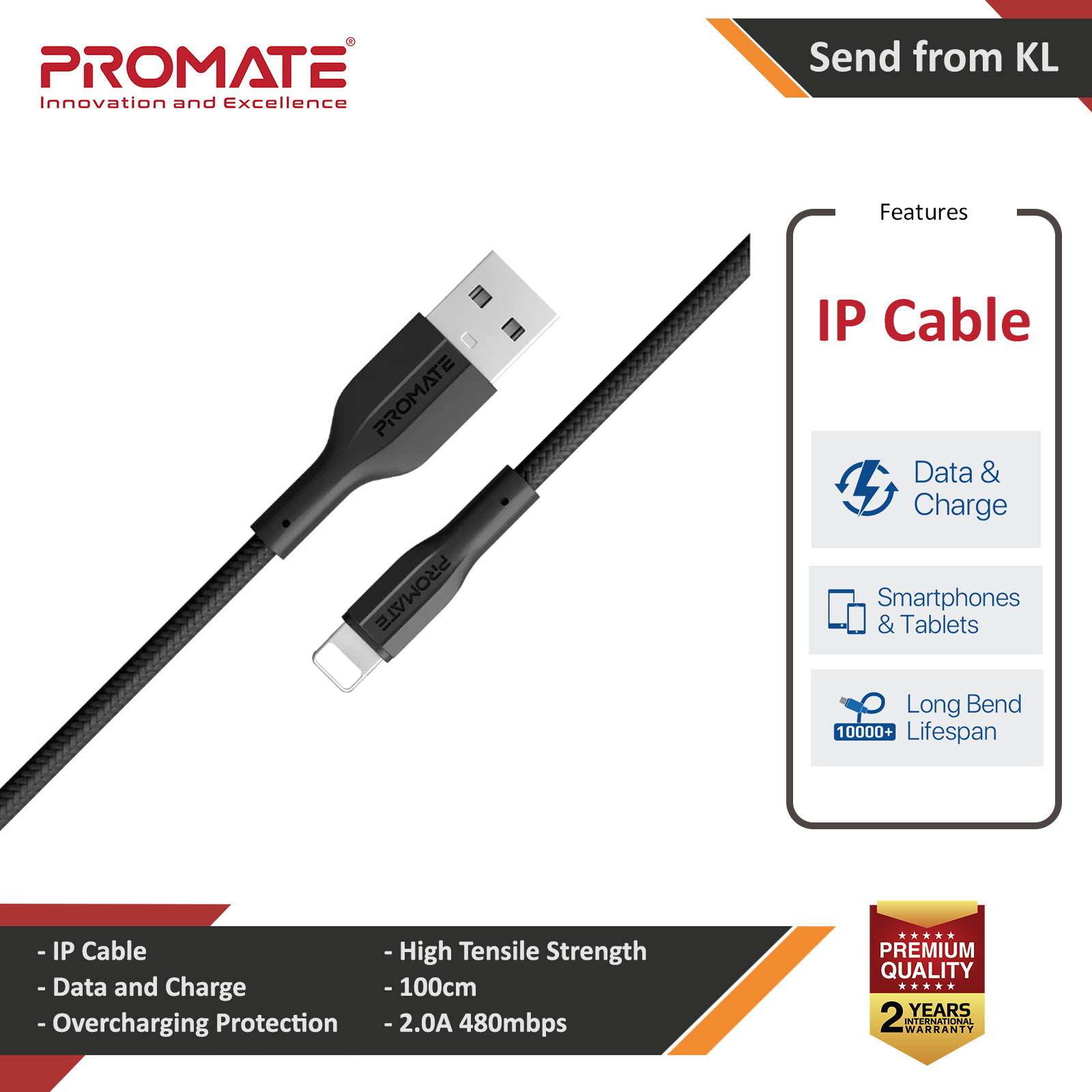 Picture of Promate USB A to IP High Tensile Strength Data & Charge Cable for IP Device 100cm XCord-Ai (Black) Red Design- Red Design Cases, Red Design Covers, iPad Cases and a wide selection of Red Design Accessories in Malaysia, Sabah, Sarawak and Singapore 