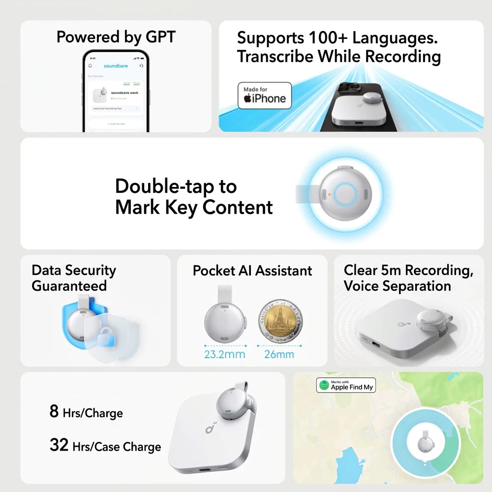 Picture of Soundcore by Anker Work Portable AI Voice Recorder with AI Transcription & Summarization Cross-Meeting Summary MFi Certified (Black)