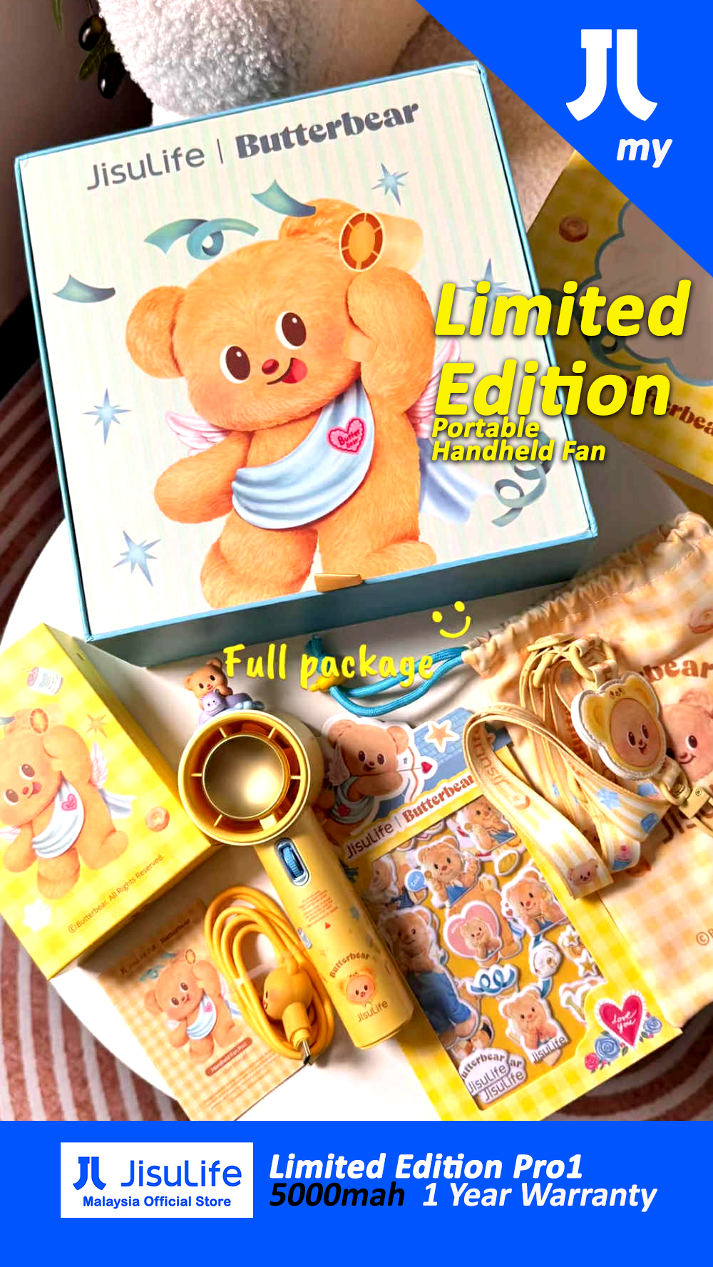Picture of Jisulife Limited Edition Gift Idea Box Butterbear 100 Speed Control Wide Wind Portable Handheld Fan Kipas Pegang Tangan Angin Kuat