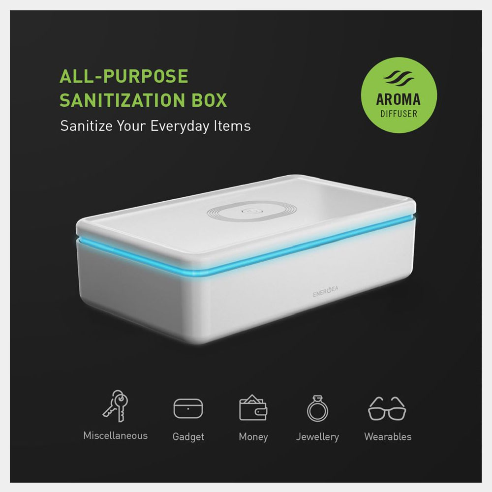 Picture of Energea All in One Stera360 Multifunction UV Light Sanitizer Box Kill bacteria with 15W Fast Wireless Charging for Smartphone Smartwatch Airpods Mask Cosmetics