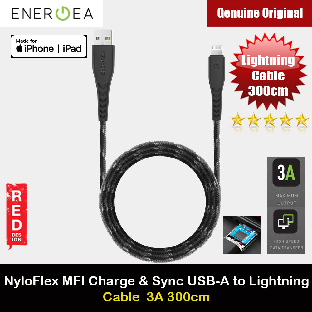 Picture of Energea NYLOFLEX MFI 3A Rapid Charge and Sync Lightning Cable for iPhone 12 Pro Max iPhone 11 Pro Max iPad 300CM 3M (Black) Red Design- Red Design Cases, Red Design Covers, iPad Cases and a wide selection of Red Design Accessories in Malaysia, Sabah, Sarawak and Singapore 