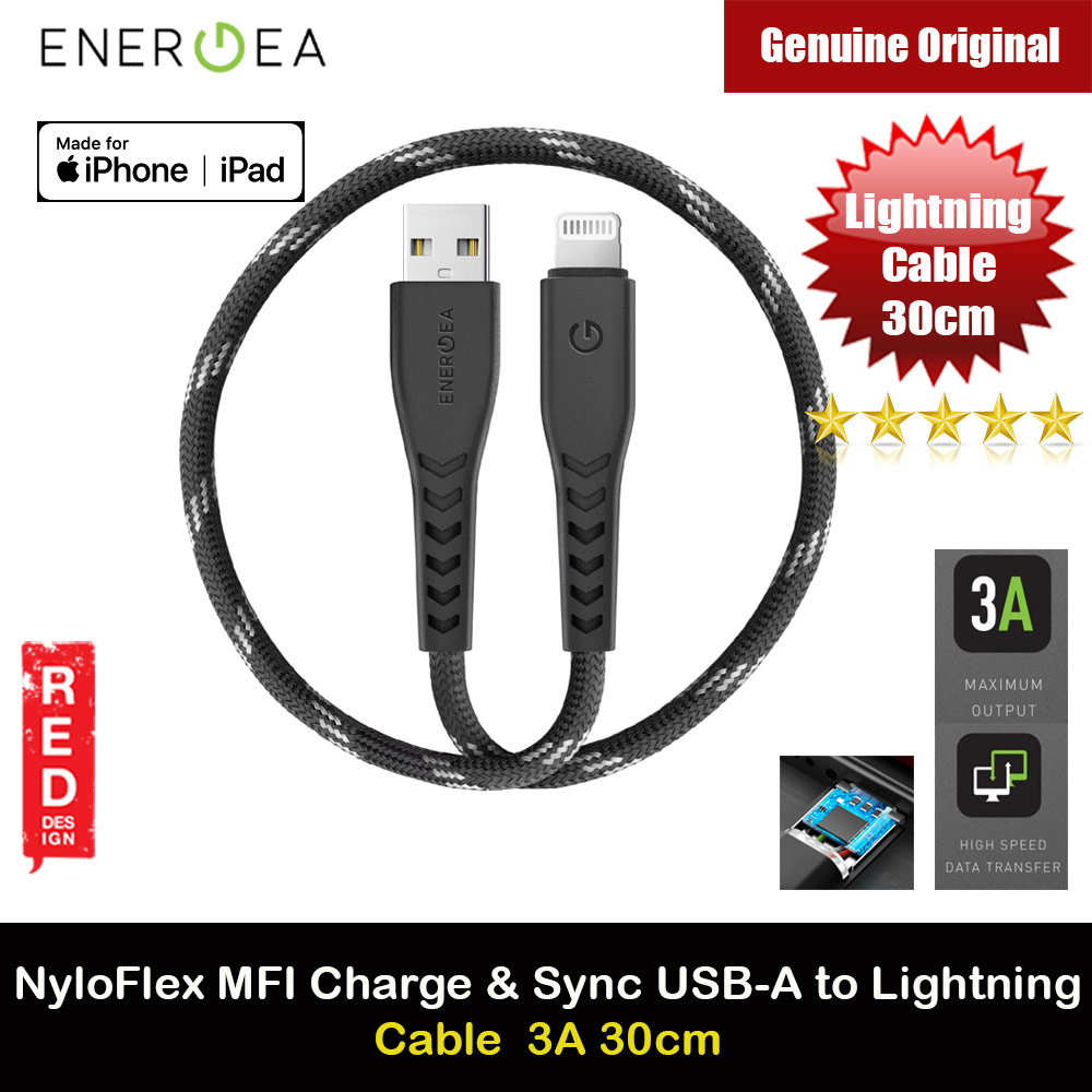 Picture of Energea NYLOFLEX MFI 3A Rapid Charge and Sync Lightning Cable for iPhone 12 Pro Max iPhone 11 Pro Max iPad 30CM (Black) Red Design- Red Design Cases, Red Design Covers, iPad Cases and a wide selection of Red Design Accessories in Malaysia, Sabah, Sarawak and Singapore 