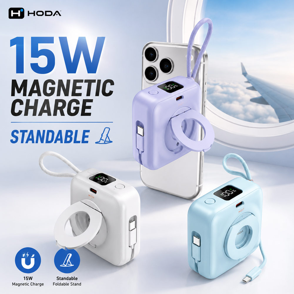 Picture of Hoda 10000mAh Magnetic Wireless CCC Travel Safe Powerbank 20W Fast Charge with Type-C Built In Cable Travel Friendly and Foldable Stand (Purple)