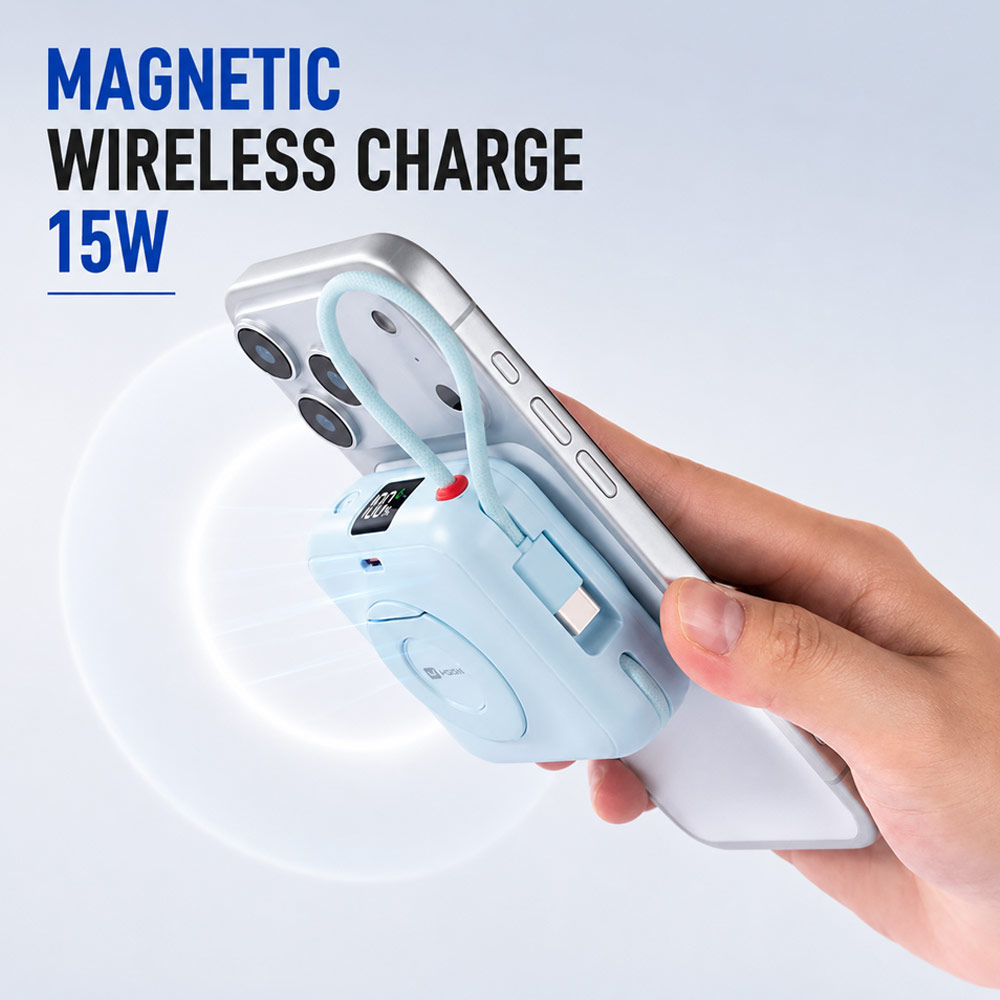 Picture of Hoda 10000mAh Magnetic Wireless CCC Travel Safe Powerbank 20W Fast Charge with Type-C Built In Cable Travel Friendly and Foldable Stand (Purple)