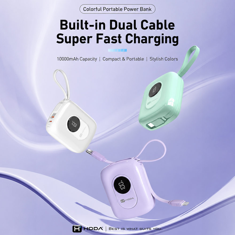 Picture of Hoda 10000mAh CCC Travel Safe Powerbank 20W Fast Charge with Type-C Built In Cable Travel Friendly (Green)