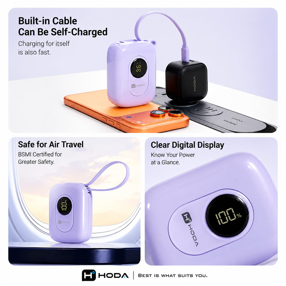 Picture of Hoda 10000mAh CCC Travel Safe Powerbank 20W Fast Charge with Type-C Built In Cable Travel Friendly (Green)