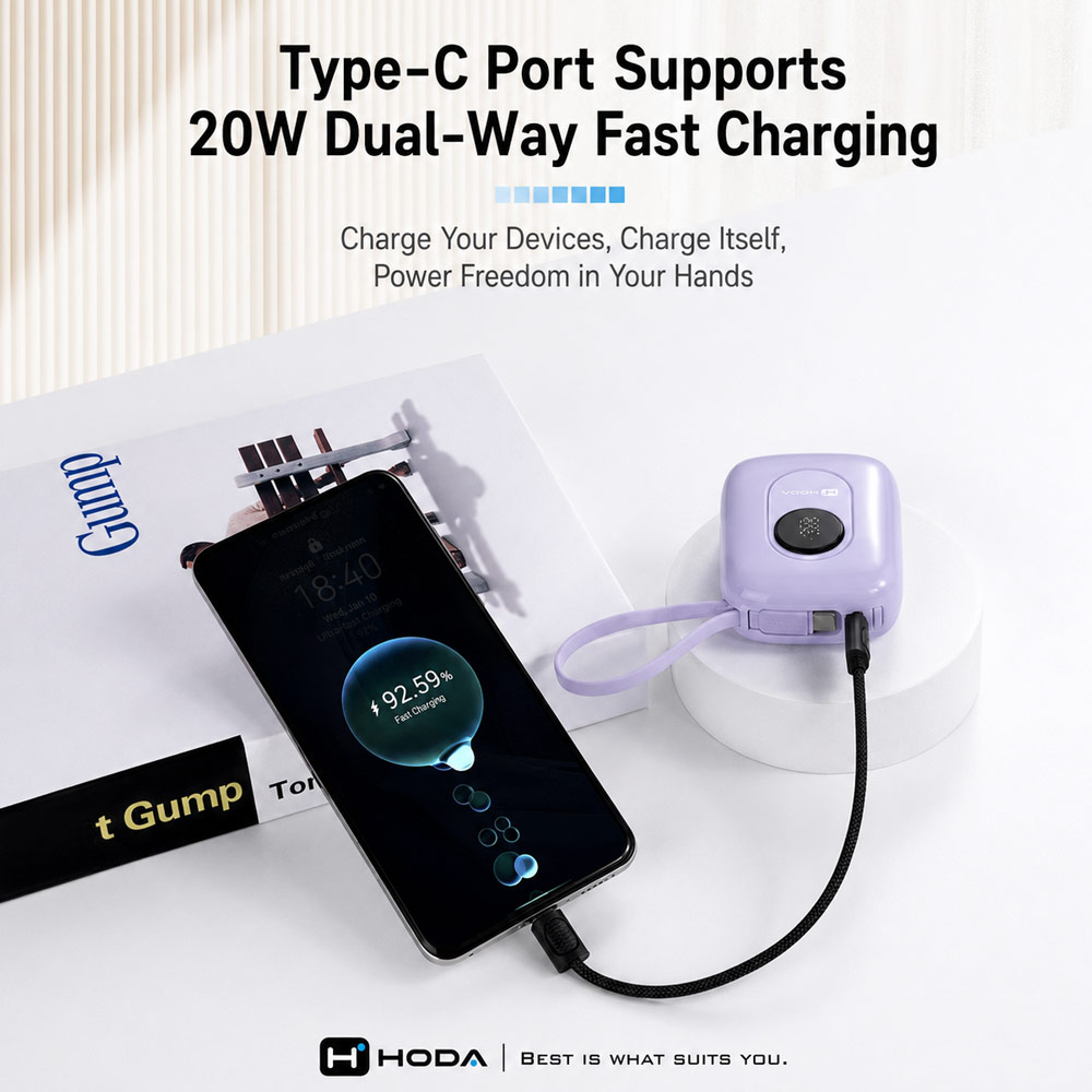 Picture of Hoda 10000mAh CCC Travel Safe Powerbank 20W Fast Charge with Type-C Built In Cable Travel Friendly (Green)