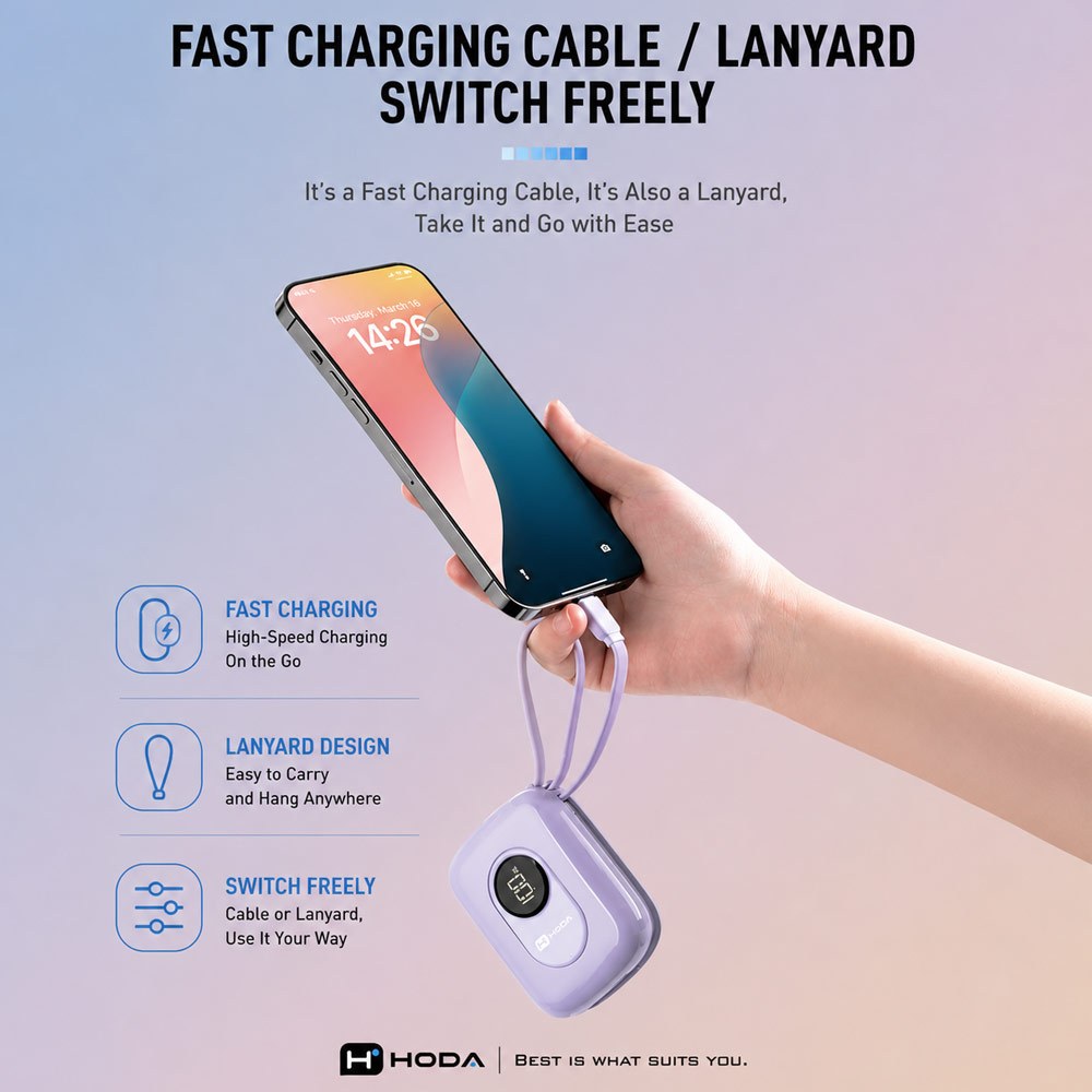 Picture of Hoda 10000mAh CCC Travel Safe Powerbank 20W Fast Charge with Type-C Built In Cable Travel Friendly (Green)