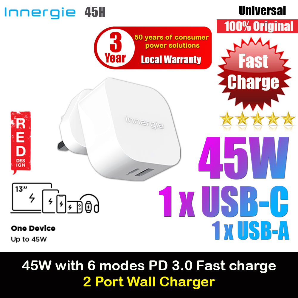 Picture of Innergie 45H 45W PD PPS USB-C QC4.0 USB-A Power Delivery Fast Charge Wall Charger UK for Macbook Air 13 iPhone 14 Pro Max Airpods Apple Watch S23 Ultra iPad Pro (White) Red Design- Red Design Cases, Red Design Covers, iPad Cases and a wide selection of Red Design Accessories in Malaysia, Sabah, Sarawak and Singapore 