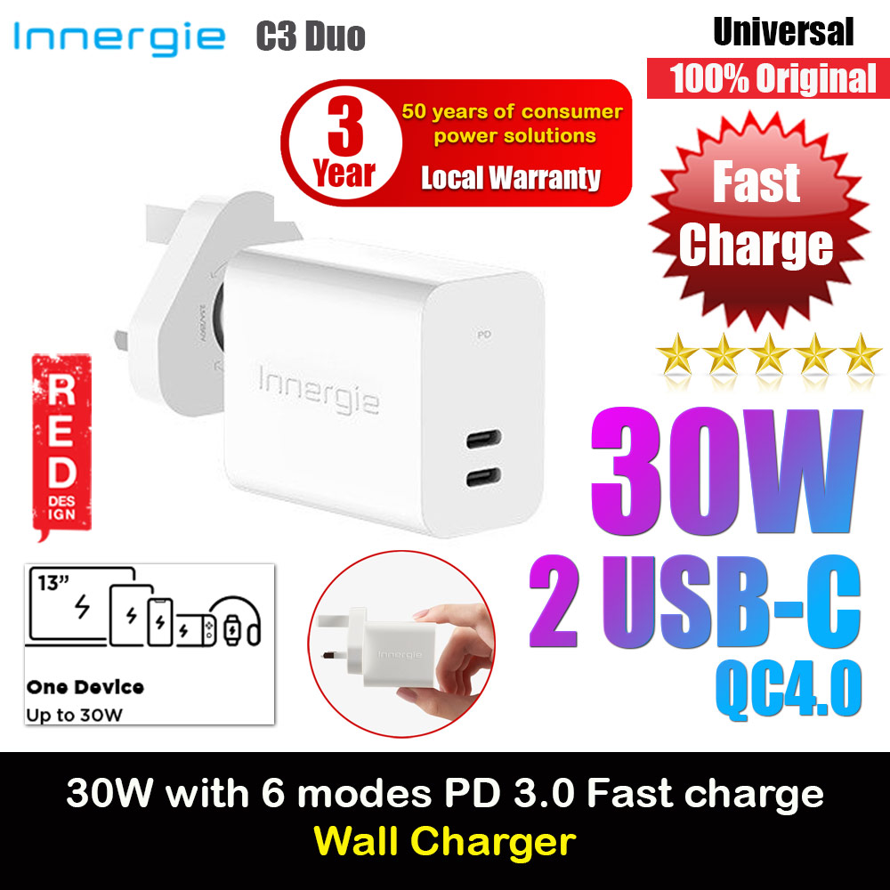 Picture of Innergie C3 Duo Mini Compact Size 30W PD PPS 2 USB-C QC4.0 Power Delivery Fast Charge Wall Charger UK for Macbook Air 13 iPhone 14 Pro Max Airpods Apple Watch S23 Ultra iPad Pro (White) Red Design- Red Design Cases, Red Design Covers, iPad Cases and a wide selection of Red Design Accessories in Malaysia, Sabah, Sarawak and Singapore 