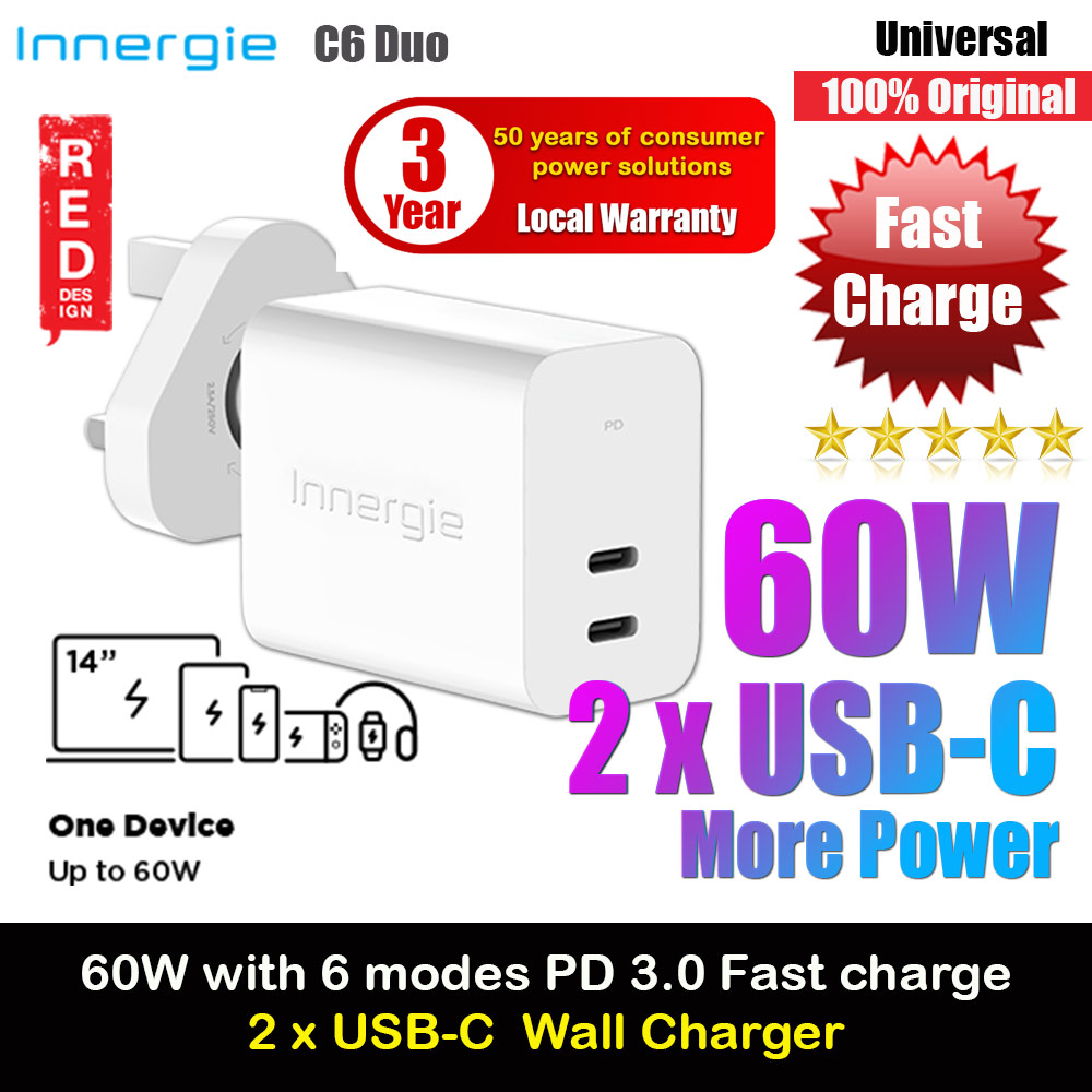 Picture of Innergie C6 Duo 60W PD PPS QC4.0 2 USB-C Power Delivery Fast Charge Wall Charger UK for Macbook Air 13 iPhone 14 Pro Max Airpods Apple Watch S23 Ultra iPad Pro (White) Red Design- Red Design Cases, Red Design Covers, iPad Cases and a wide selection of Red Design Accessories in Malaysia, Sabah, Sarawak and Singapore 