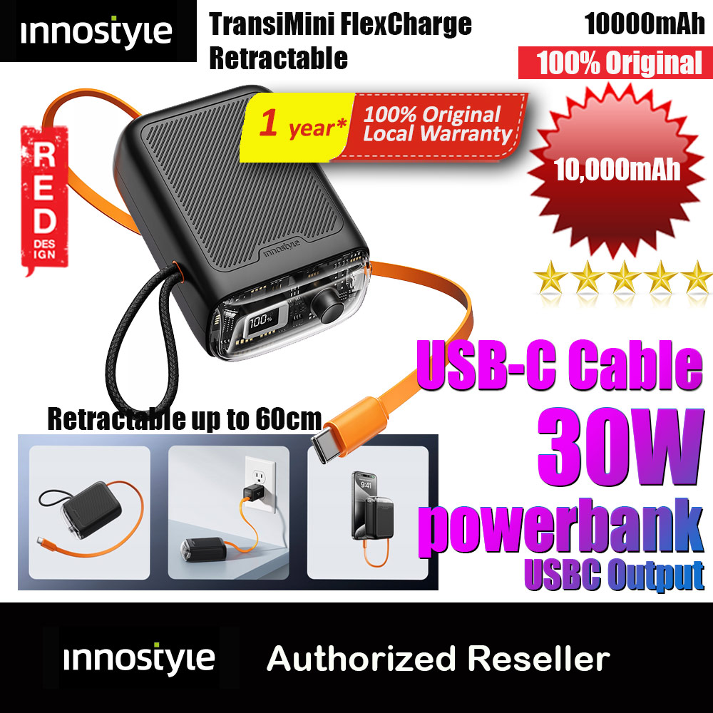 Picture of Innostyle TransiMini FlexCharge Retractable 30W 10000mAh 60cm USB-C Small Mini Compact Size Power Bank with Cable (Black) Red Design- Red Design Cases, Red Design Covers, iPad Cases and a wide selection of Red Design Accessories in Malaysia, Sabah, Sarawak and Singapore 