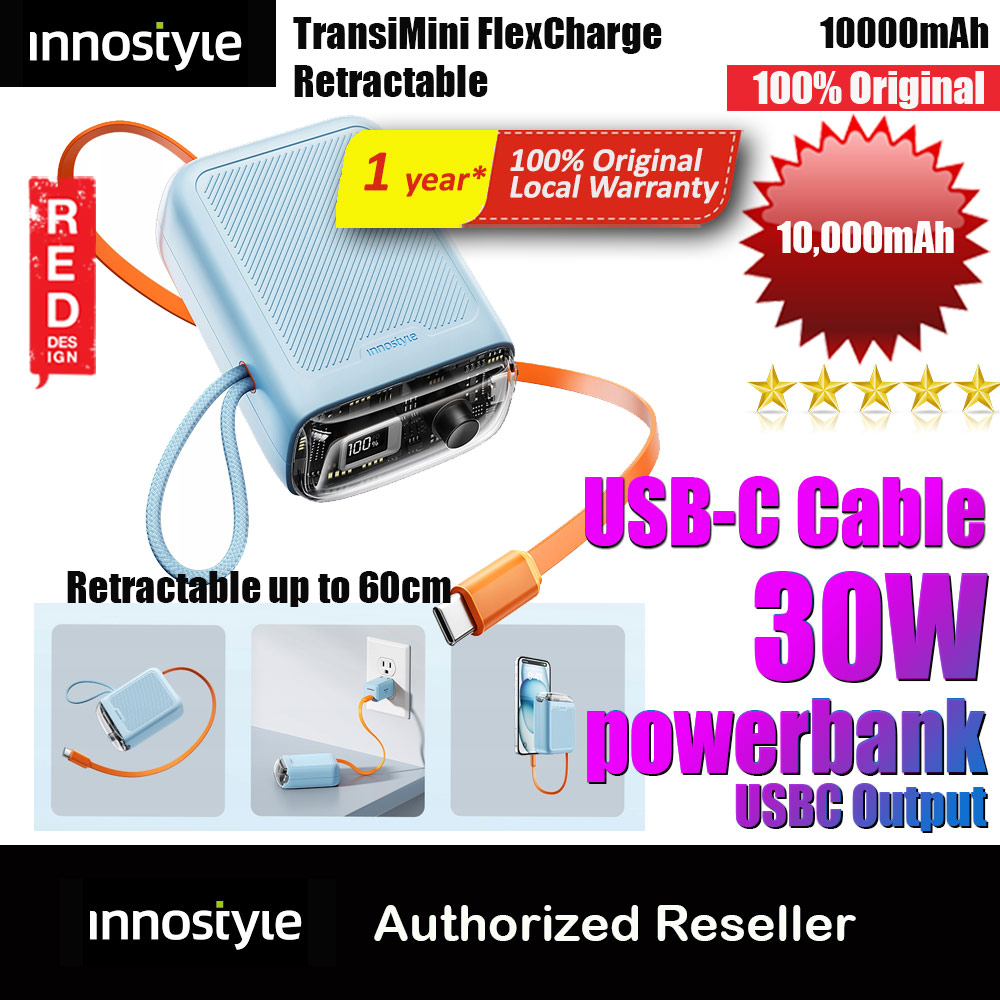 Picture of Innostyle TransiMini FlexCharge Retractable 30W 10000mAh 60cm USB-C Small Mini Compact Size Power Bank with Cable (Blue) Red Design- Red Design Cases, Red Design Covers, iPad Cases and a wide selection of Red Design Accessories in Malaysia, Sabah, Sarawak and Singapore 