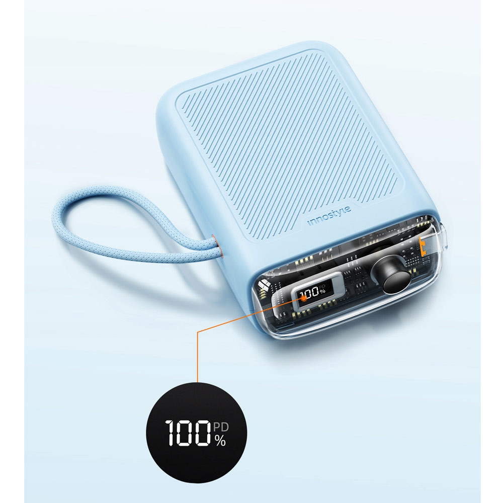 Picture of Innostyle TransiMini FlexCharge Retractable 30W 10000mAh 60cm USB-C Small Mini Compact Size Power Bank with Cable (Blue)
