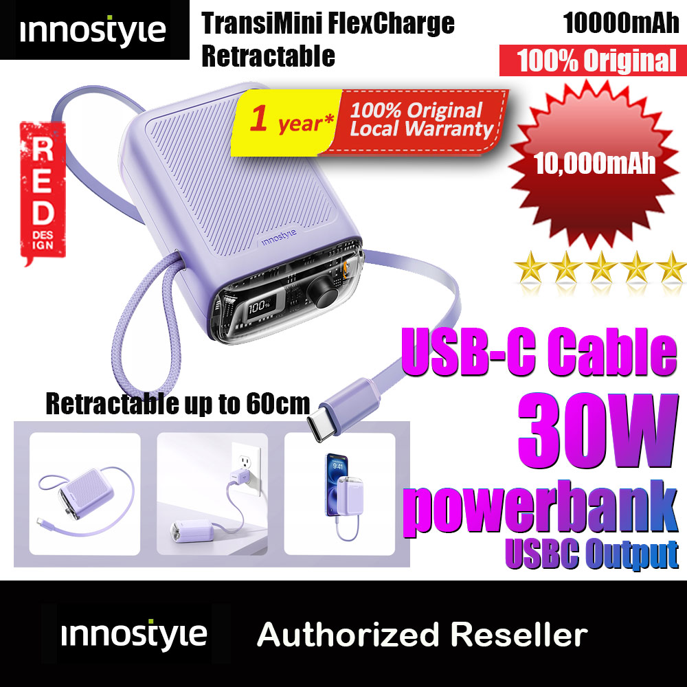 Picture of Innostyle TransiMini FlexCharge Retractable 30W 10000mAh 60cm USB-C Small Mini Compact Size Power Bank with Cable (Lavender) Red Design- Red Design Cases, Red Design Covers, iPad Cases and a wide selection of Red Design Accessories in Malaysia, Sabah, Sarawak and Singapore 