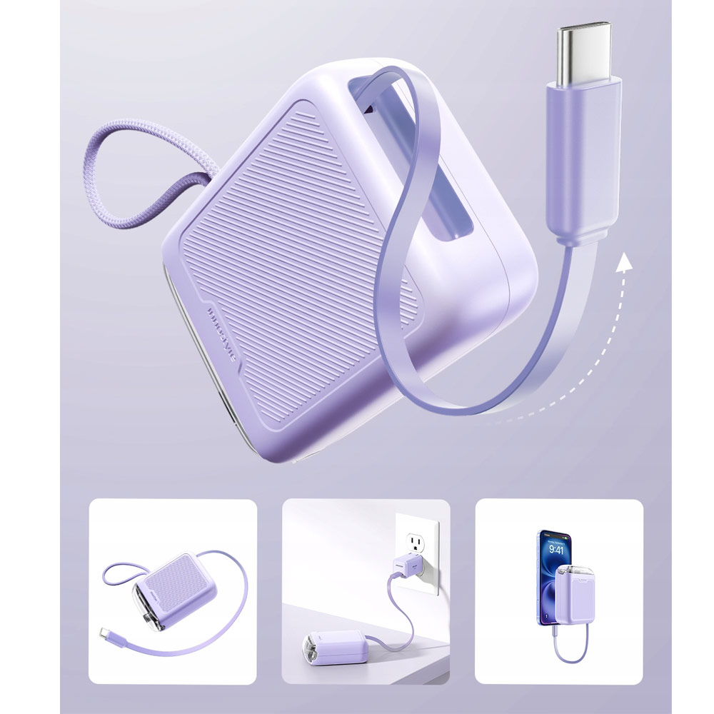 Picture of Innostyle TransiMini FlexCharge Retractable 30W 10000mAh 60cm USB-C Small Mini Compact Size Power Bank with Cable (Lavender)