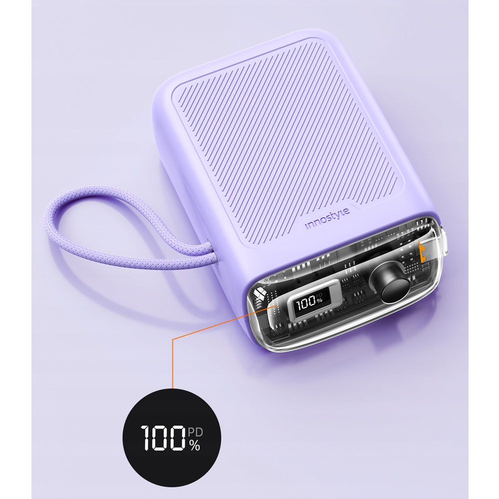 Picture of Innostyle TransiMini FlexCharge Retractable 30W 10000mAh 60cm USB-C Small Mini Compact Size Power Bank with Cable (Lavender)
