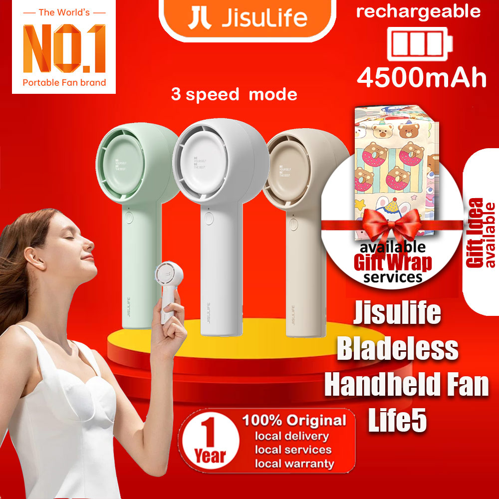 Picture of Jisulife Malaysia 5 Speed Turbo Strong Wind Portable Fast Charge Rechargeble 4500mAh Hidden Blade Handheld Mini Fan for Outdoor Indoor Badminton Court Concert Picnic Camping FA42 (White)