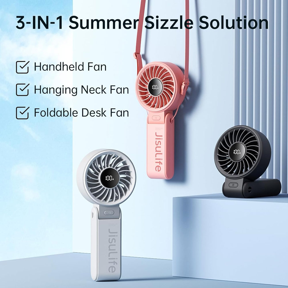Picture of Jisulife  Malaysia 3 in 1 Handheld Fan Life7 Powerful Portable Fan with LED Display Foldable as Desk Fan Hangable as Neck Fan (5000mAh Black)
