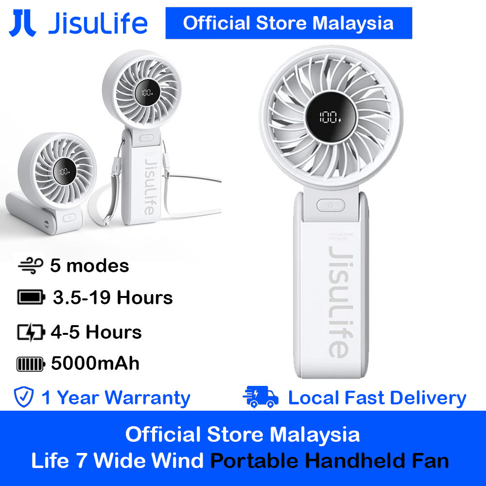 Picture of Jisulife Malaysia 3 in 1 Handheld Fan Life7 Powerful Portable Fan with LED Display Foldable as Desk Fan Hangable as Neck Fan (5000mAh Light Grey)