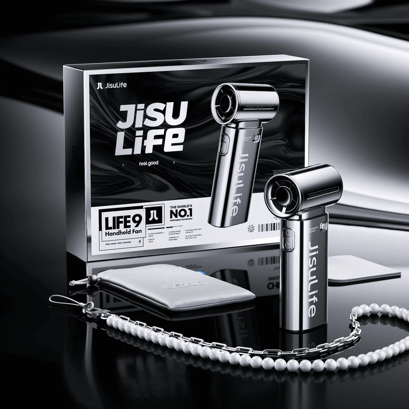 Picture of Jisulife Life9 Limited Edition Chrome Silver Handheld Fan Ultra Mini Compact Small Pocket Size Portable Handheld Fan Kipas Pegang Tangan Angin Kuat (5000mah Silver)