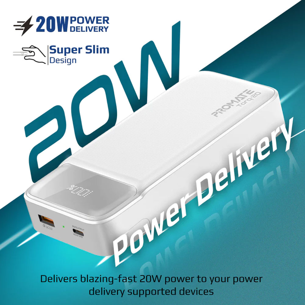 Picture of Promate 20000mAh Power Bank Powerbank 20W Power Delvey USB-C 18W QC3 USB-A  with Kickstand Torq-20 (White)