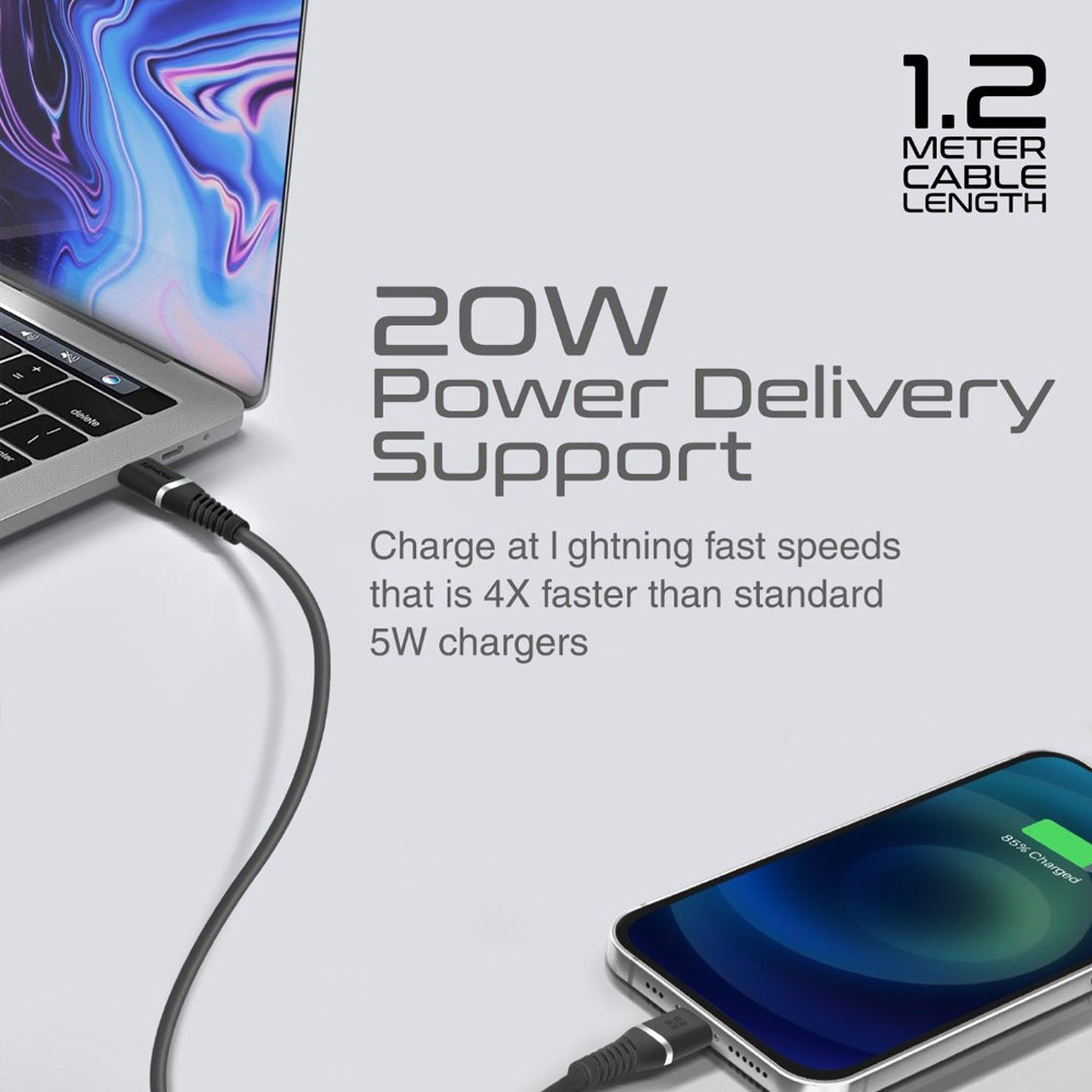 Picture of Promate Ultra Fast USB C to Lightning 20W Fast Charging Soft Silicone cable for iPhone 13 Pro Max IPad Airpods Pro PowerLine-Ci120 (Black)
