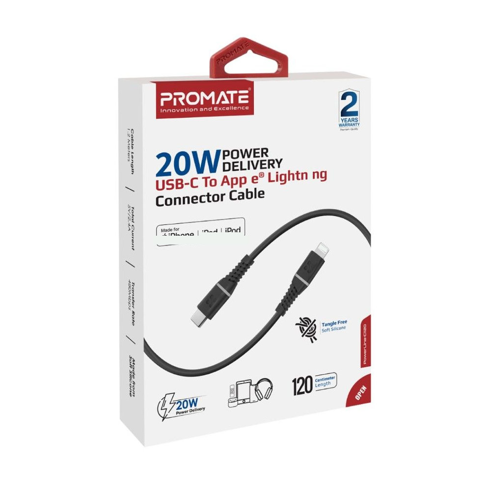Picture of Promate Ultra Fast USB C to Lightning 20W Fast Charging Soft Silicone cable for iPhone 13 Pro Max IPad Airpods Pro PowerLine-Ci120 (Black)