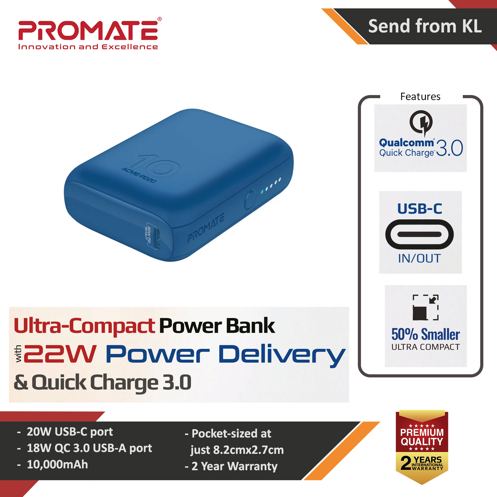 Picture of Promate Ultra-Compact Small Size Power Bank 10000mAh Power Bank with 20W Power Delivery USB C Input Output 18W QC3 Output Mini Powerbank for iPhone 13 Pro Max (Blue) Red Design- Red Design Cases, Red Design Covers, iPad Cases and a wide selection of Red Design Accessories in Malaysia, Sabah, Sarawak and Singapore 
