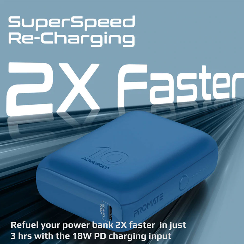 Picture of Promate Ultra-Compact Small Size Power Bank 10000mAh Power Bank with 20W Power Delivery USB C Input Output 18W QC3 Output Mini Powerbank for iPhone 13 Pro Max (Blue)
