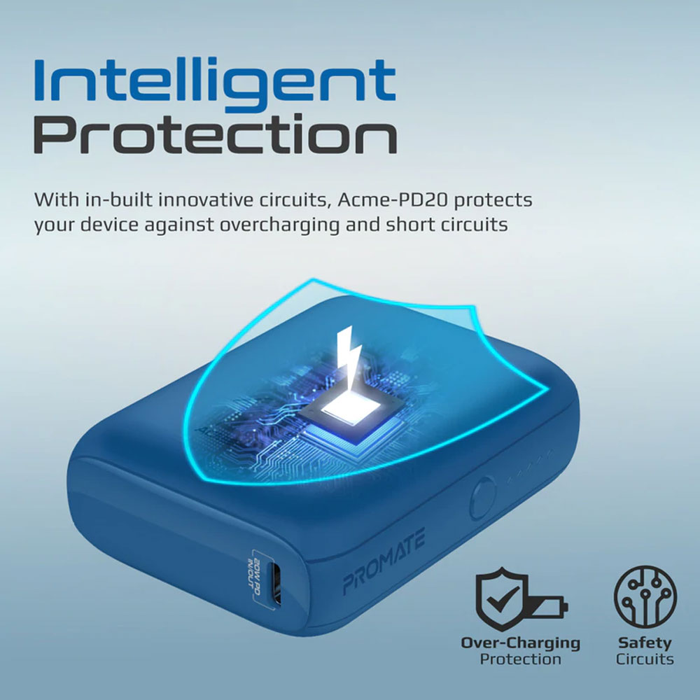 Picture of Promate Ultra-Compact Small Size Power Bank 10000mAh Power Bank with 20W Power Delivery USB C Input Output 18W QC3 Output Mini Powerbank for iPhone 13 Pro Max (Blue)