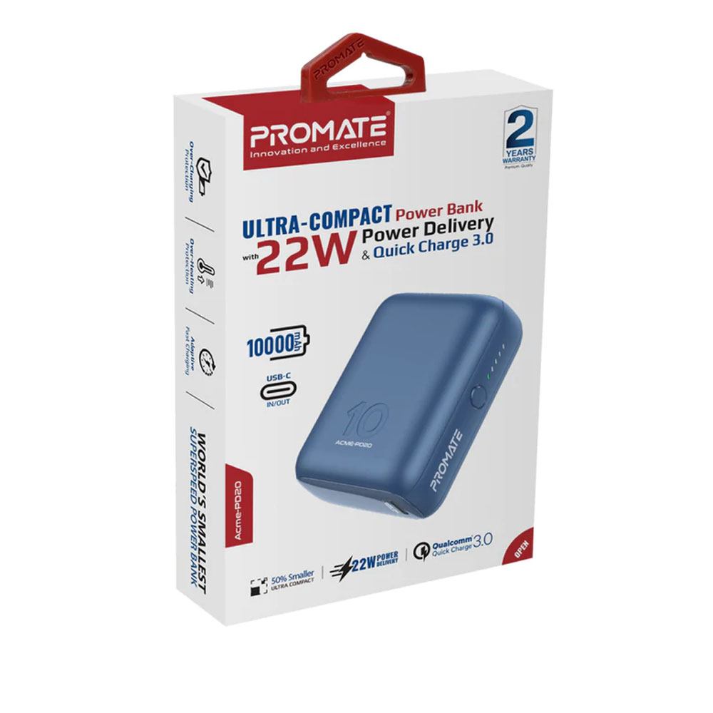 Picture of Promate Ultra-Compact Small Size Power Bank 10000mAh Power Bank with 20W Power Delivery USB C Input Output 18W QC3 Output Mini Powerbank for iPhone 13 Pro Max (Blue)