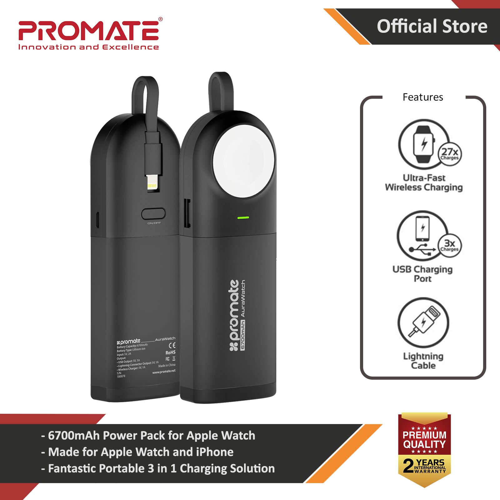 Picture of Promate Apple Watch Power Bank Charger, Apple MFi Certified 6700mAh Charger Battery Pack for Apple Watch with Built-In Lightning Cable and Ultra-Fast USB Port for Apple Watch 40mm 38mm 42mm 44mm Series 1 2 3 4 5 iPhone, Samsung, AuraWatch Red Design- Red Design Cases, Red Design Covers, iPad Cases and a wide selection of Red Design Accessories in Malaysia, Sabah, Sarawak and Singapore 