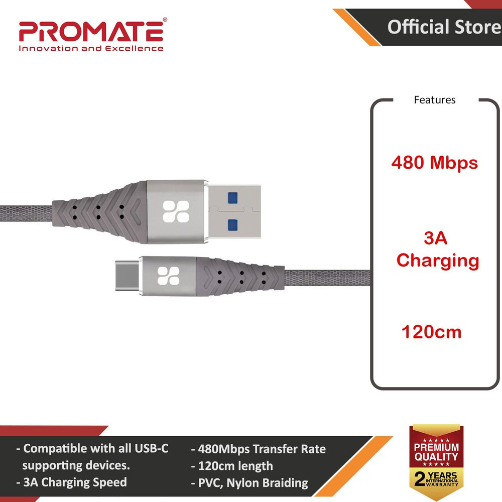 Picture of Promate USB-C™ Cable 3A Fast Charging Heavy Duty Fast Sync Charge 1.2 Meter USB-A to Type C Cable Nervelink-C (Grey) Red Design- Red Design Cases, Red Design Covers, iPad Cases and a wide selection of Red Design Accessories in Malaysia, Sabah, Sarawak and Singapore 